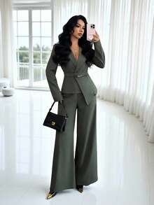 SHEIN Elenzya 女士时尚几何镂空金属扣收腰西装领长袖高腰阔腿裤，适合商务会议、婚礼、联欢会、通勤、毕业派对、节日、约会、聚会，2 件套 - 軍綠色 - 查看 5