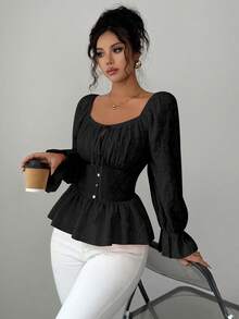 Elenzga 新款女式方领长袖梭织提花面料胸前褶饰蝴蝶结设计荷叶边下摆收腰优雅休闲衬衫，春秋 - 黑色 - 查看 4