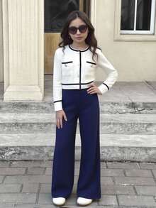 Serisse Kids Conjunto de 2 piezas de top de manga larga con cuello redondo y pantalones rectos informales para niñas preadolescentes con bloques de color, adecuado para citas, fiestas, vuelta al colegio, otoño/invierno