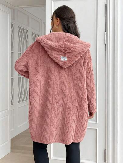 SHEIN EZwear Abrigo de doble cara de felpa con textura de cebada y jacquard térmico para otoño e invierno, ropa para mujer de talla grande