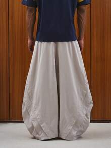 TOKVUE 男士时尚休闲浅杏色褶皱宽松阔腿裤，日系裤，日常穿着 - 杏色 - 查看 3