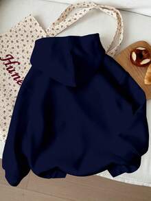 Sudadera holgada de manga larga, cómoda y suave, con estampado gráfico de oso en estilo universitario retro, de color azul marino clásico, adecuada para el uso diario, el estilo callejero y la temporada de otoño/invierno, para niñas preadolescentes - Multicolor - Ver 2