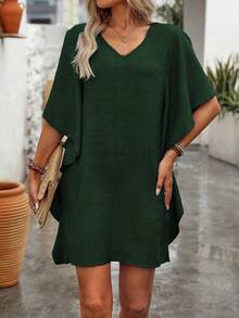 EMERY ROSE Women's Elegant Solid Color V-Neck Short Dress - Dark Green - View 4