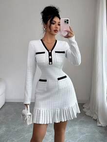 Elenzga New Women's Knitted Tweed Elastic Fabric V-Neck Color Block Fitted Casual Everyday Versatile Elegant Young Lady Short Dress, Autumn/Winter