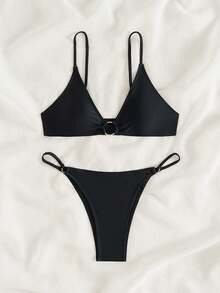 Swim Basics 夏日沙灘環狀鏈條T字泳裝 - 黑色 - 查看 8