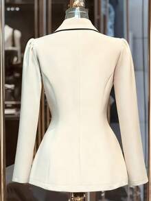 Franclia 通勤时尚百搭束腰双排扣金属纽扣撞色黑色饰边卡其色女式西装外套，优雅春秋季外套，女士商务休闲服装，漂亮女士西装外套 - 杏色 - 查看 2