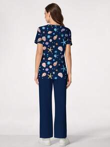 PopScrub Women's Cartoon Shell Print Casual Scrub Uniform Set, Creative Design