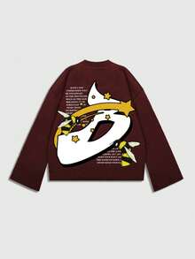 ROMWE MEN Street Life Men's Printed Long Sleeve T-Shirt, Loose Cropped Fit - Red - View 2