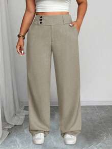 SHEIN Tall CURVE Celana Panjang Wanita Ukuran Besar Kasual dengan Pinggang Longgar dan Kaki Lurus - Hijau - View 6
