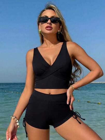 Swim Lushoire Summer Beach Solid Color Vest Style Bikini Set