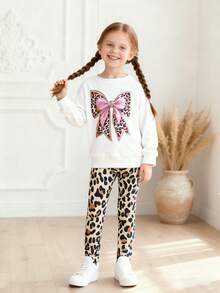 2pcs/Set Young Girls Heart & Leopard Print Comfortable Outfit, Autumn/Winter - White - View 7