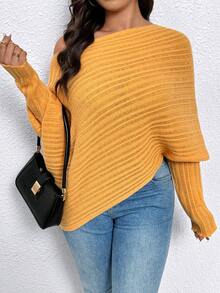 Elenzga Plus Size Asymmetrical Shoulder Long Sleeve Sweater - Yellow - View 7