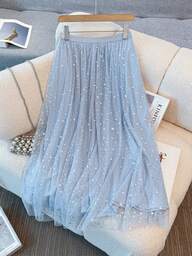 SHEIN Clasi Große Größen Damen einfarbiger A-Linien Rock mit elastischem Bund, Pailletten und romantischer Tüllspitze, elegant für Clubpartys