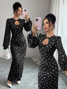 Gloray Gaun Lengan Panjang Berongga Elegan Motif Bunga untuk Wanita - Hitam - View 1
