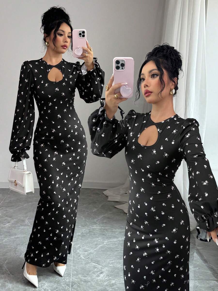 Gloray Gaun Lengan Panjang Berongga Elegan Motif Bunga untuk Wanita - Hitam - View 1