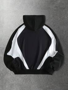 ROMWE MEN Street Life Áo hoodie nam dài tay, dáng rộng, họa tiết đầu lâu và chữ thập, kiểu dáng patchwork. - Đen và trắng - Xem 2