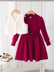 2pcs/Set Red Turtleneck Ribbed Long Sleeve Dress + Sweater Vest, Christmas Vibe Outfit For 7th Birthday, Autumn Winter Young Girls Party Dress Clothes - Multicolor - View 3