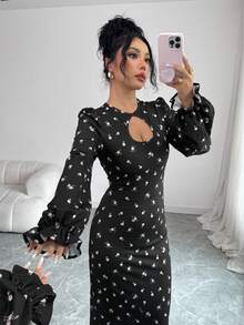 Gloray Gaun Lengan Panjang Berongga Elegan Motif Bunga untuk Wanita - Hitam - View 6