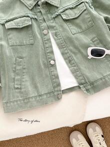 Genkimix Kids Young Boy Cotton Denim Jacket With Lining, White T-Shirt, Letter Embroidery, Distressed Utility Pockets, Casual & Stylish Everyday Wear