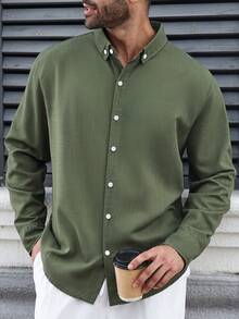 Manfinity Homme Plus Size Men's Casual Loose Fit Versatile Long Sleeve Shirt, For Fall Mens Button Down Men Shirts Khaki - Army Green - View 4