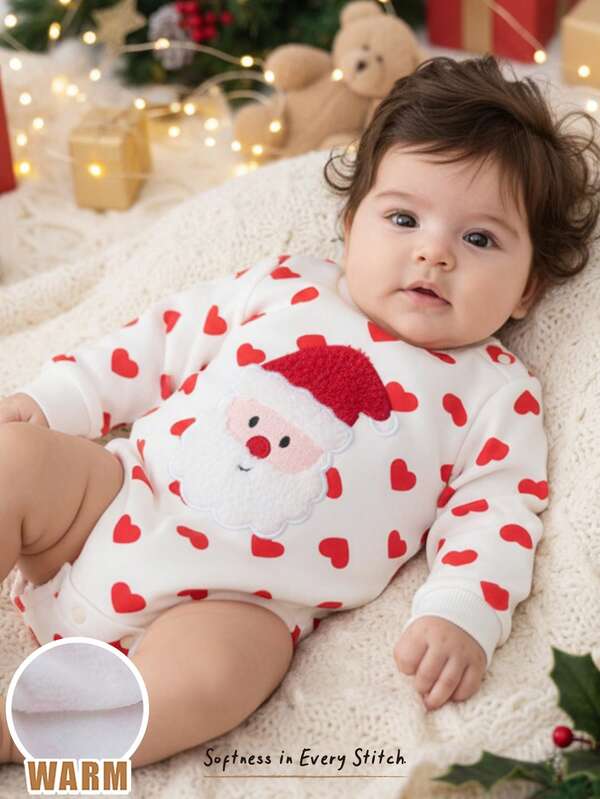 Cozy Pixies Newborn Baby Girl Christmas Santa Heart Pattern Knitted Soft Crew Neck Long Sleeve Romper Baby Santa Outfit Christmas Clothes For Baby Santa Baby Bodysuit Baby Girl Christmas Outfit Baby Christmas Pajama Baby Boy Christmas Outfit