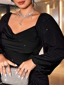 Allurite Plus Size Women's Black Autumn Elegant Formal Evening Glitter Sequin Sweetheart Neck Draped Ruffle Asymmetric Slit Long Sleeve Club Party Dress - Black - View 3