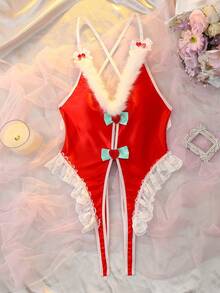 DelicateAllure Christmas Backless, Criss-Cross Strap, Open Crotch, Fluffy Trim, Plush, Bow Tie, Ruffle Edge Christmas Gift, Romantic, Sweet, Pure, Cute Coquette Babydoll Bodysuit, Women's Lingerie Costume
