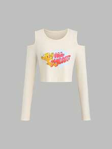 SHEIN Unity Women's Casual Cold Shoulder Long Sleeve Round Neck Cropped T-Shirt With Cartoon & Letter Graphic, Suitable For Spring/Autumn, Daily And Vacation Wear - Apricot - View 6