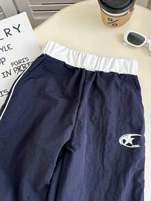 Genkimix Kids Tween Girl Star Print Ruffle Trim Casual Straight Leg Pants - Navy Blue - View 4