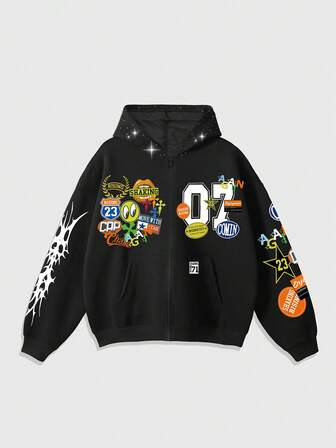 Street Life Sudadera holgada y corta para hombre con decoración de lentejuelas brillantes, estilo urbano