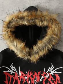 ROMWE MEN Street Life Sudadera con capucha de manga larga de ajuste holgado con estampado de letra y telaraña, con cuello esponjoso para hombre - Negro - Ver 2