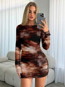 Aloruh 女式圆领长袖褶皱性感棕色扎染印花迷你紧身连衣裙，适合秋冬季，优雅，俱乐部，婚礼，约会，派对，庆典， - 彩色 - 查看 3