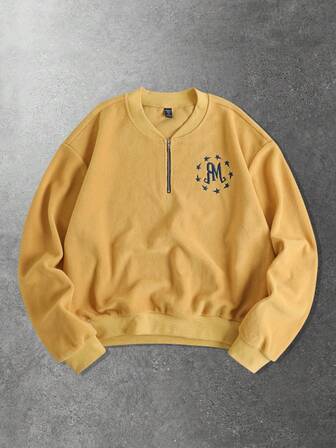 Sweat-shirt-shirt ample à demi-zip avec motif brodé pour hommes