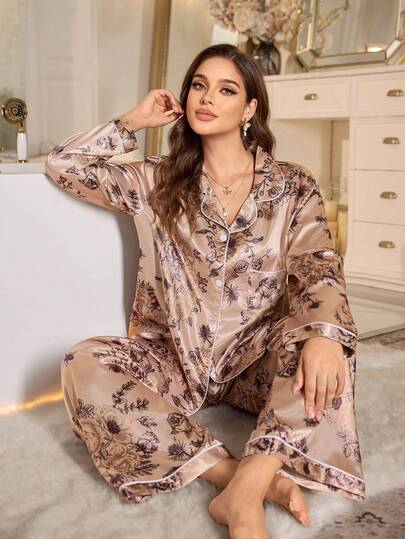 SHEIN Plus Size Elegant Floral Print Satin Collar Long Sleeve Top & Pants Pajama Set Night Dress Pajama Uae Women Night Wear, Winter Clothes