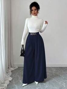 Elenzga Quần ống loe cạp cao, khóa kéo bên hông, thiết kế nút, đơn giản, thanh lịch, thường ngày, thời trang xuân/thu cho nữ - Xanh đậm - Xem 5