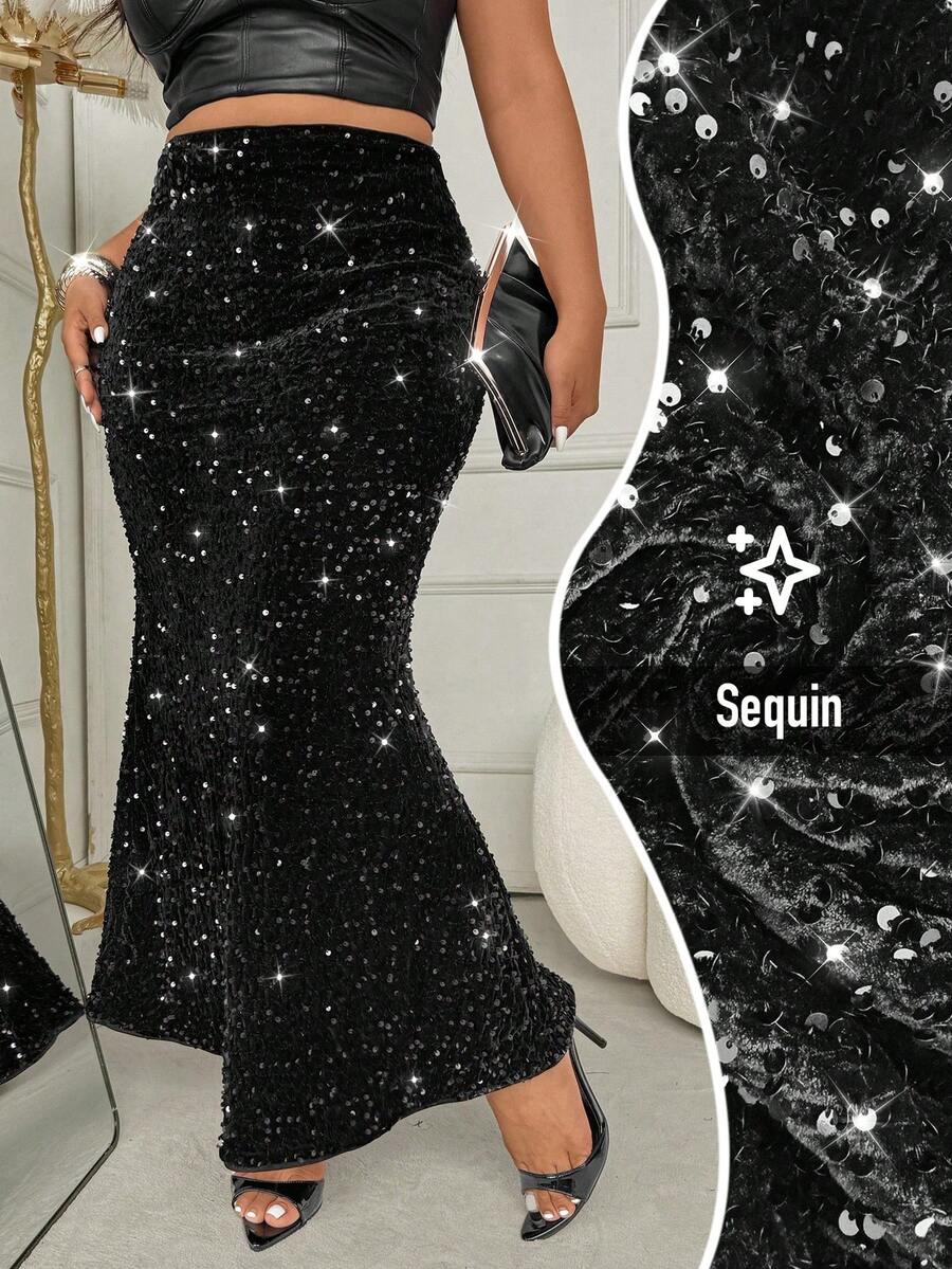 Femmeverse Plus Size Women Black Velvet Sequin Minimalist Elegant Stretchy Bodycon Mermaid Skirt,Glamorous,Party,Festival,Christmas,Light,Night Out For Women In Fall/Winter - Black - View 1