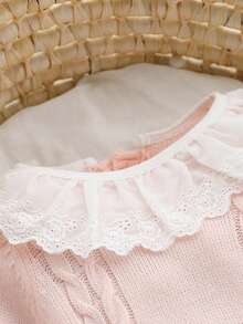 SHEIN Baby Girls' Sweater Jumpsuit,Pink Autumn Cute Sweet Matching Family Embroidered Floral Trim,Bow Decor,Snap Button,Soft Comfortable For Daily Wear - Baby Pink - View 3
