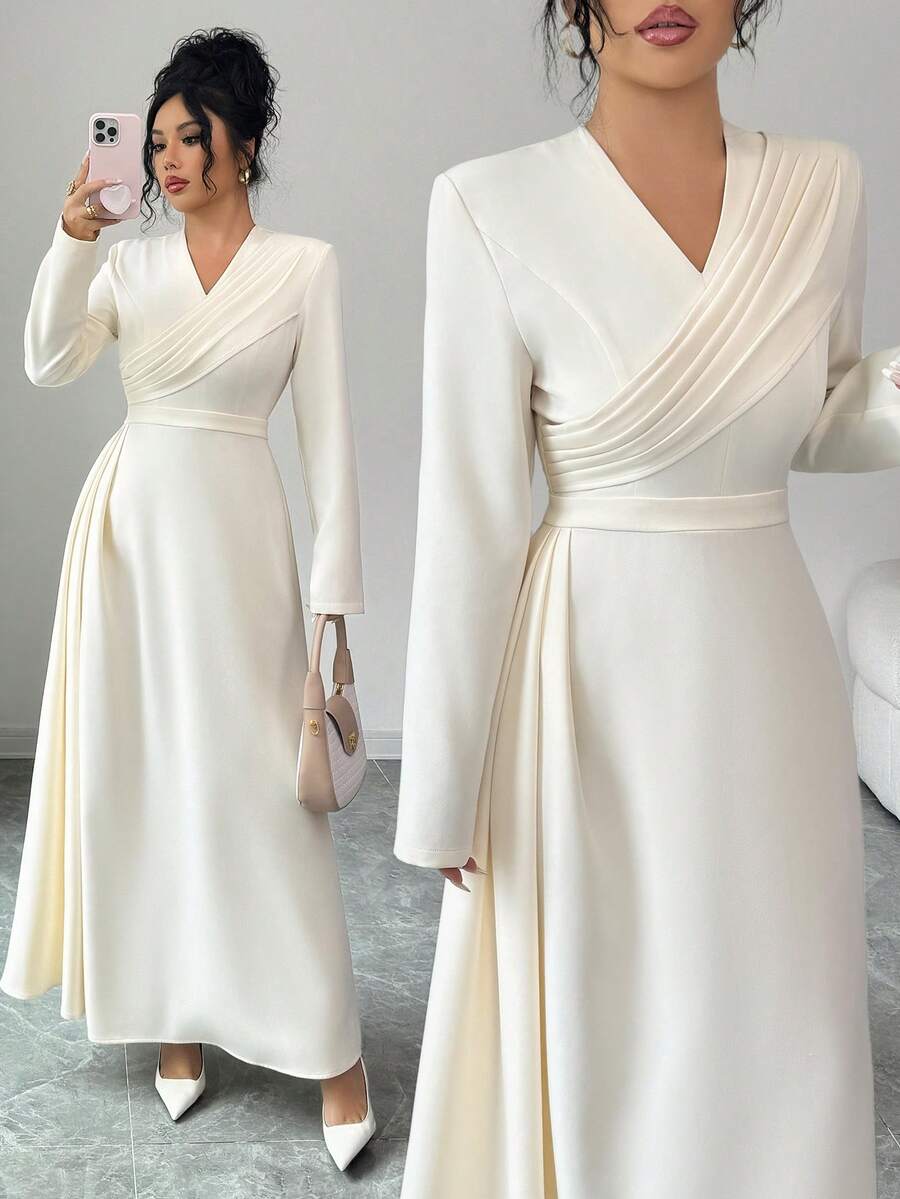 Selianne Women's Elegant Romantic V-Neck Ruched Waist Flared Hem Long Sleeve Dress, Suitable For Commute And Vacation, Spring/Autumn - Light Yellow - View 1