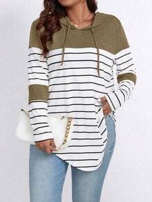 EMERY ROSE Plus Size Striped Color Block Hooded Long Sleeve T-Shirt With Drawstring Graphic Tees Women Tops For Spring - Khaki - View 6