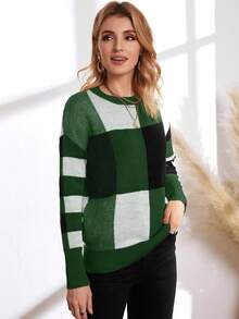 EMERY ROSE pull en tricot à col rond et manches longues avec couleurs contrastées pour femmes