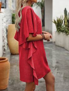 EMERY ROSE Váy ngắn cổ chữ V màu trơn thanh lịch thời trang dành cho nữ - Đỏ - Xem 3
