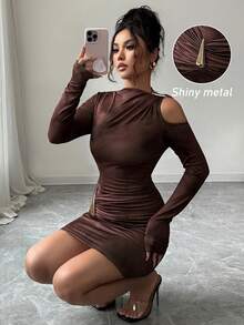 Chiquease Elegant Coffee Brown Bodycon Dress For Women,Autumn Seksi Chic Night Club Ombre Print Knit Cutout Turtleneck Long Sleeve Shiny Metal Dress - Brown - View 1