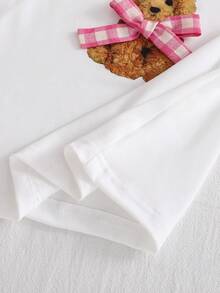 SHEIN 2pcs Girls Cartoon Puppy & Bow Print Knit Casual Long Sleeve Top And Pants Pajama Set - White - View 5