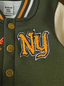 SHEIN 男婴字母徽章休闲棒球夹克，酷炫街头风格，适合日常外出、学院风、搭配、派对