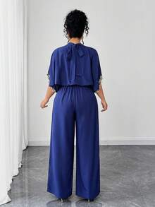 Elenzga Plus Size Women's New Fashionable Elegant Long Sleeve Gold Lace Collar Tie-Back Bow Elastic Waist Loose Wide Leg Jumpsuit, Suitable For Dates, Vacations, Holidays, Parties, Business Events, Elegant Romantic Christmas, Autumn