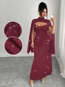 Elenzga 大码亮片闪亮优雅时尚连衣裙 - 酒紅色 - 查看 1