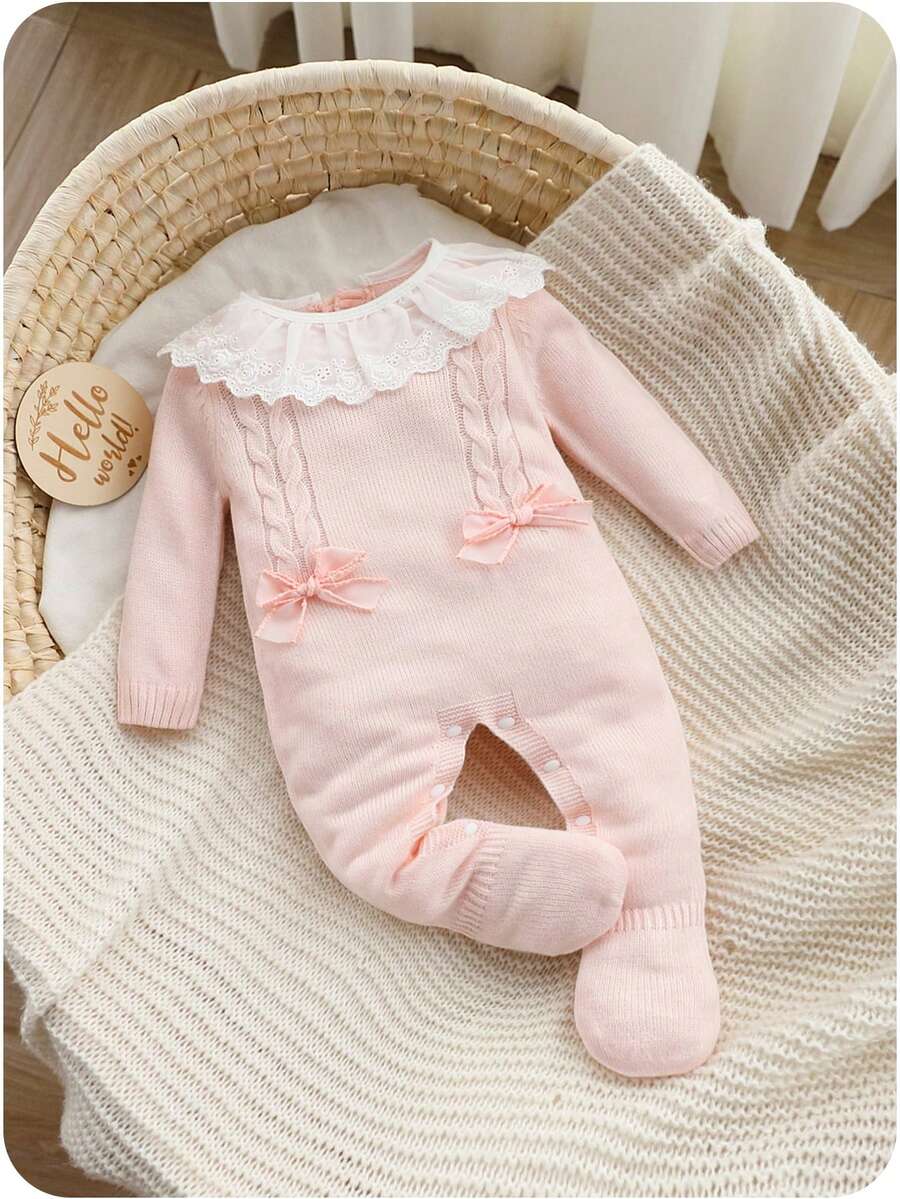 SHEIN Baby Girls' Sweater Jumpsuit,Pink Autumn Cute Sweet Matching Family Embroidered Floral Trim,Bow Decor,Snap Button,Soft Comfortable For Daily Wear - Baby Pink - View 1