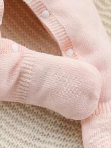 SHEIN Baby Girls' Sweater Jumpsuit,Pink Autumn Cute Sweet Matching Family Embroidered Floral Trim,Bow Decor,Snap Button,Soft Comfortable For Daily Wear - Baby Pink - View 5