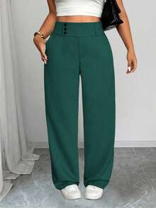 SHEIN Tall CURVE Plus Size Women Casual Straight Leg High Waist Pants - Green - View 4