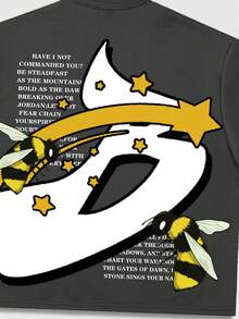 ROMWE MEN Street Life Camiseta de hombre de estilo corto con hombros caídos y estampado - Gris - Ver 3